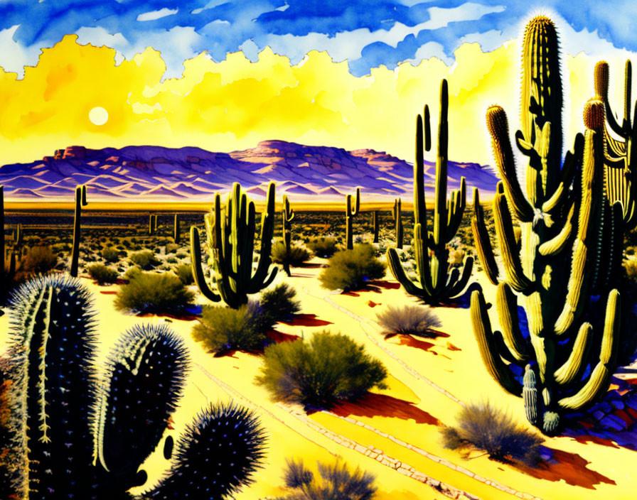 Desert landscape with cacti under yellow sky and setting sun