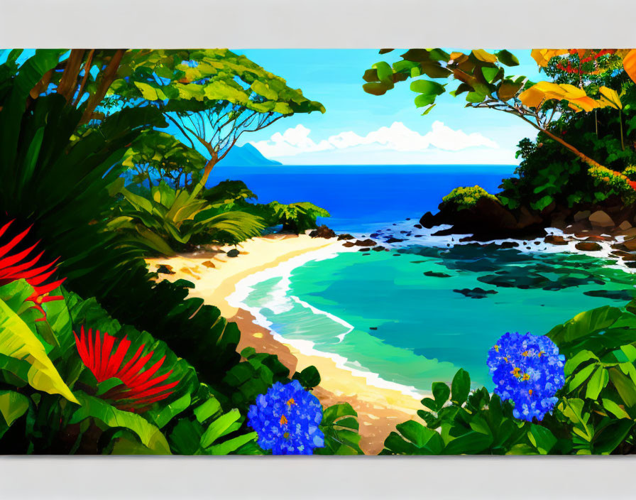 Tropical beach scene with lush greenery, hydrangeas, red foliage, golden sand, turquoise