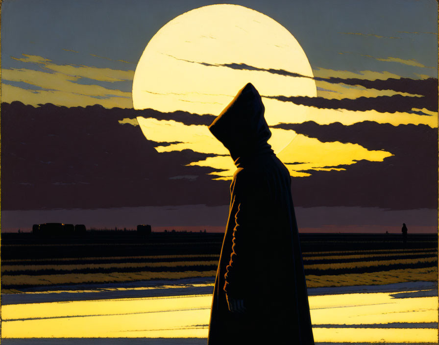 Mysterious figure in hooded cloak against setting sun and clouds