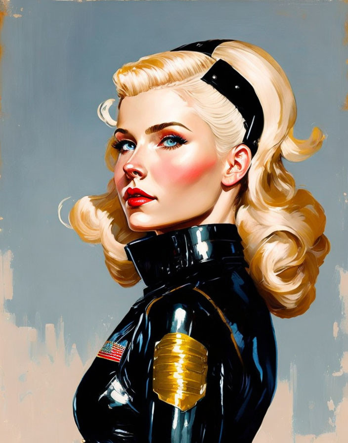 Blonde Woman in Futuristic Black Outfit with American Flag Patch