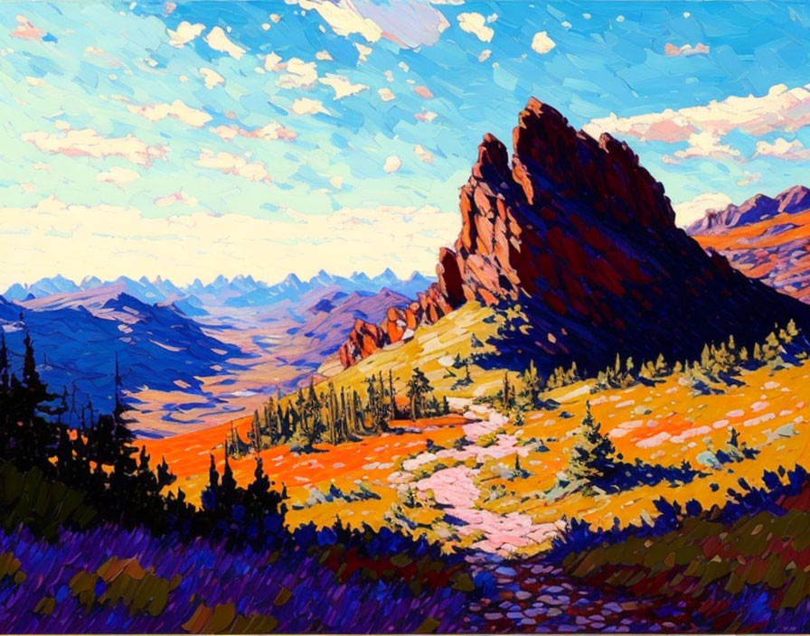 Vivid landscape painting with rocky peak, colorful florals, conifers, and fluffy clouds