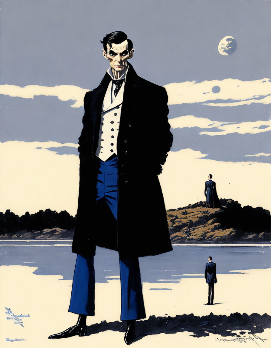 Tall, Thin Man in Black Coat Under Full Moon