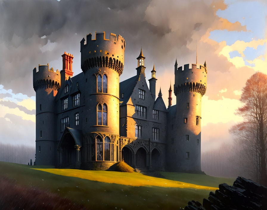 Majestic castle with multiple turrets in golden sunlight and misty backdrop