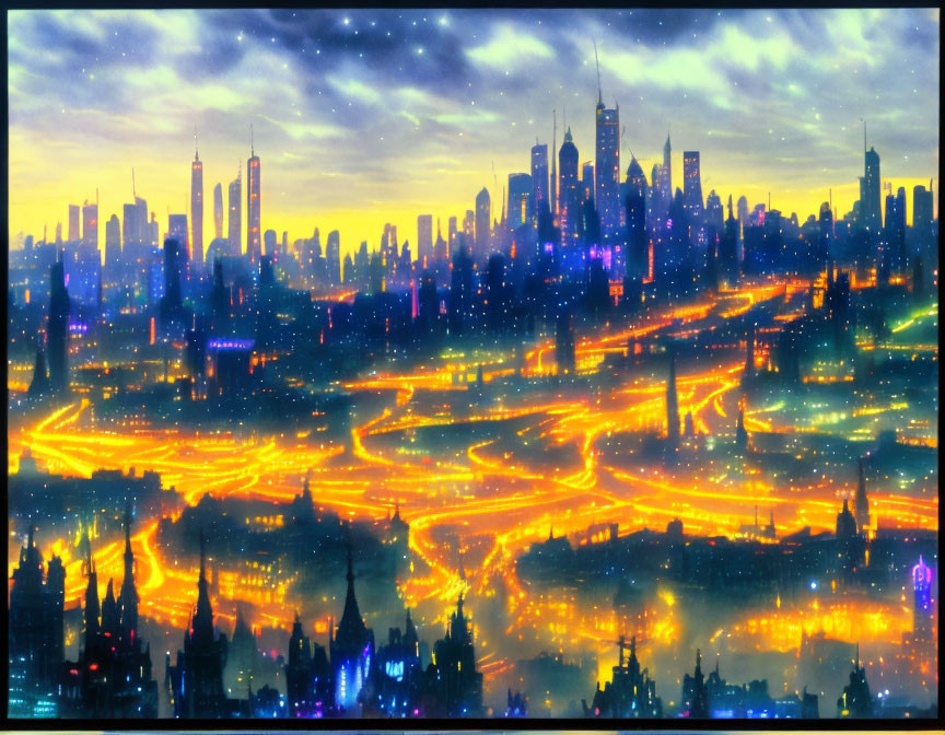 Futuristic cityscape digital artwork with glowing golden roads