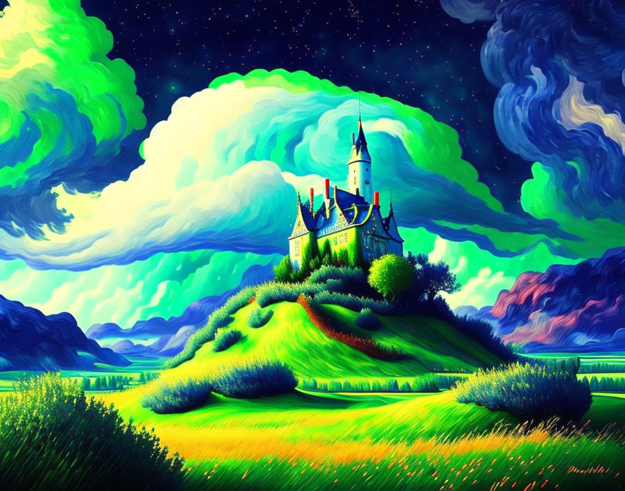 Colorful Fairytale Castle on Green Hill under Starry Night Sky