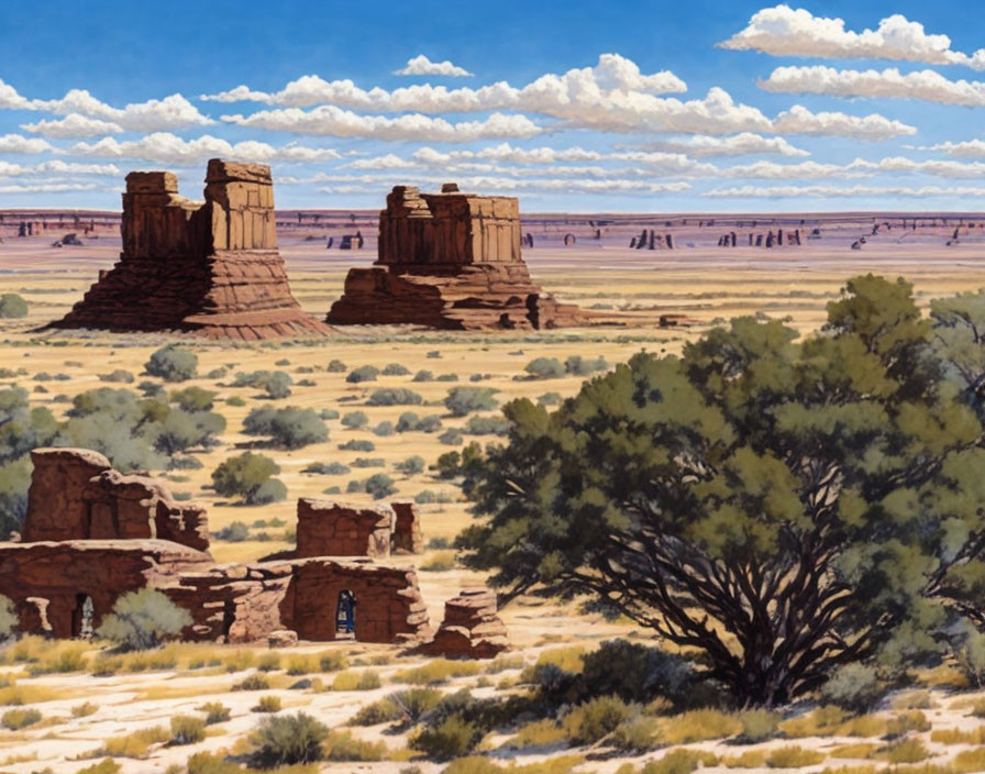 Desert landscape painting with rock formations and blue sky