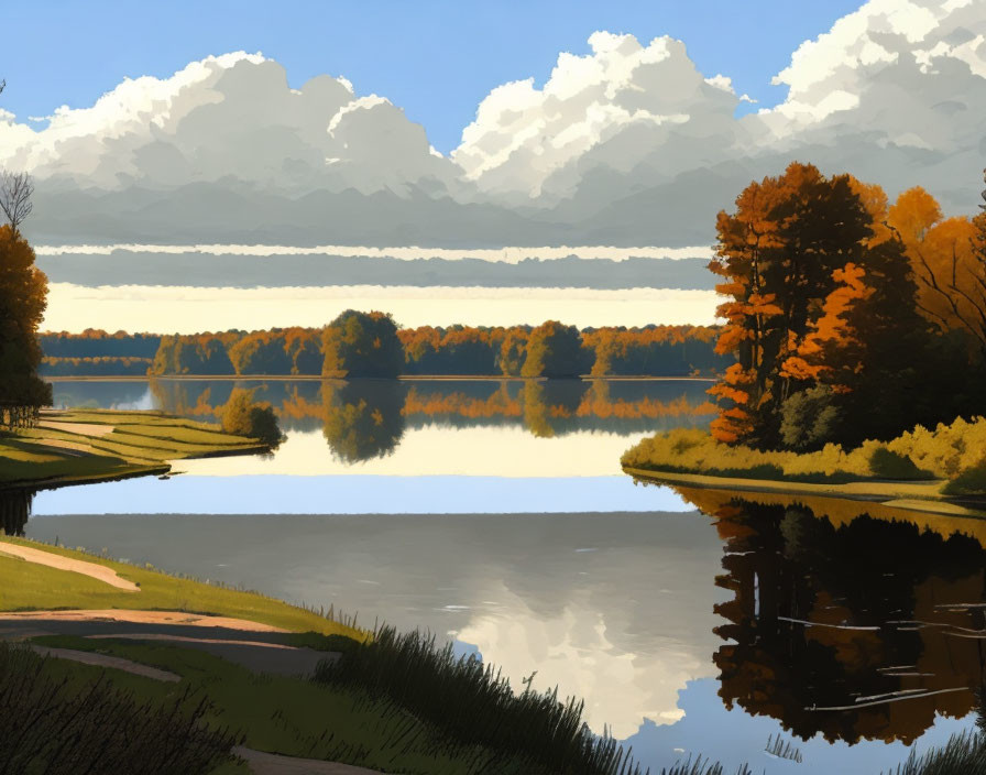 Tranquil autumn lake landscape with reflecting trees & fluffy clouds