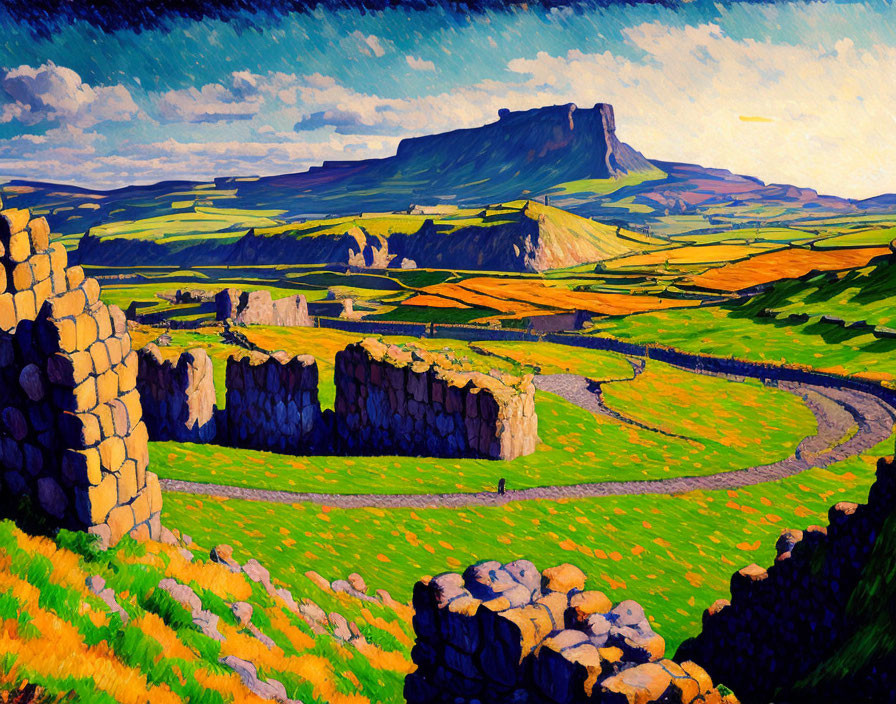 Colorful rural landscape painting with fields, hill, ruins, and dynamic sky.