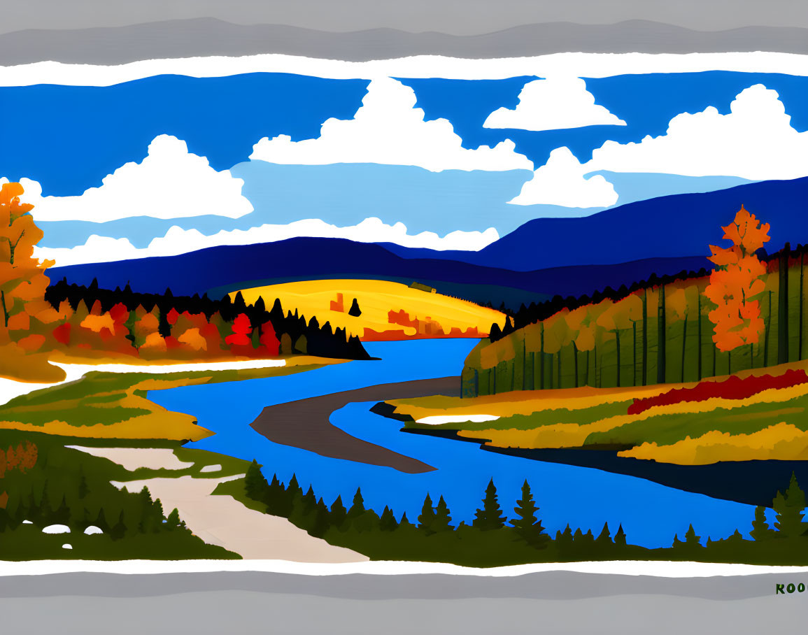 Vibrant autumn landscape with meandering river & rolling hills