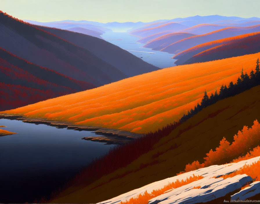 Scenic autumn landscape with orange foliage and rolling hills