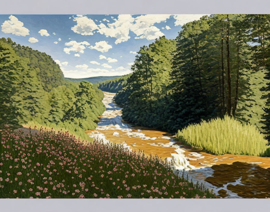 Tranquil river in dense forest with sunlight and wildflowers