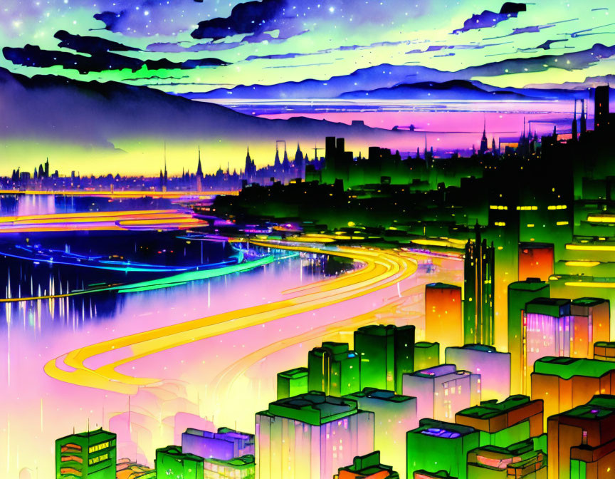 Futuristic cityscape at sunset with neon lights and skyscrapers