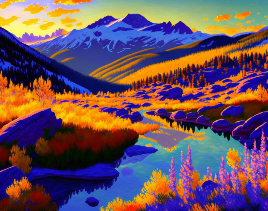 Serene river landscape painting at sunset with colorful foliage and mountains