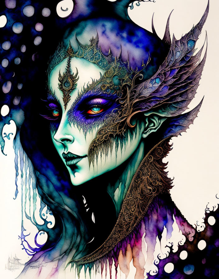 Fantasy figure with green skin and purple eyes in gold and black headpiece, surrounded by bubbles and