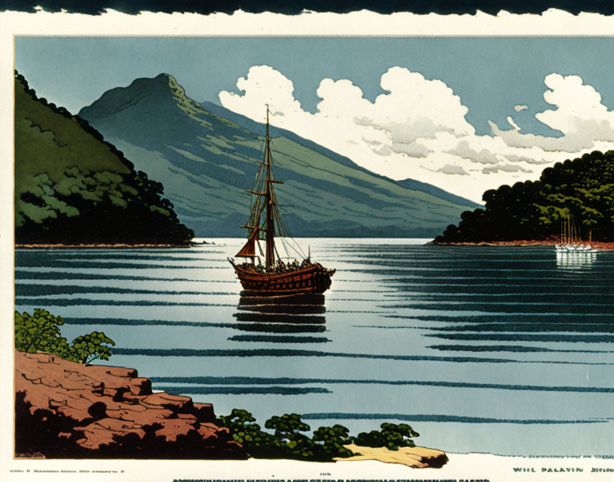 Vintage illustration of sailing ship near forested mountain on calm waters