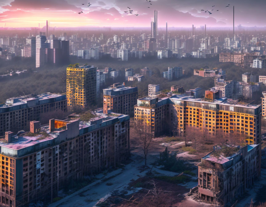 Apocalyptic cityscape at sunset with dilapidated foreground buildings.