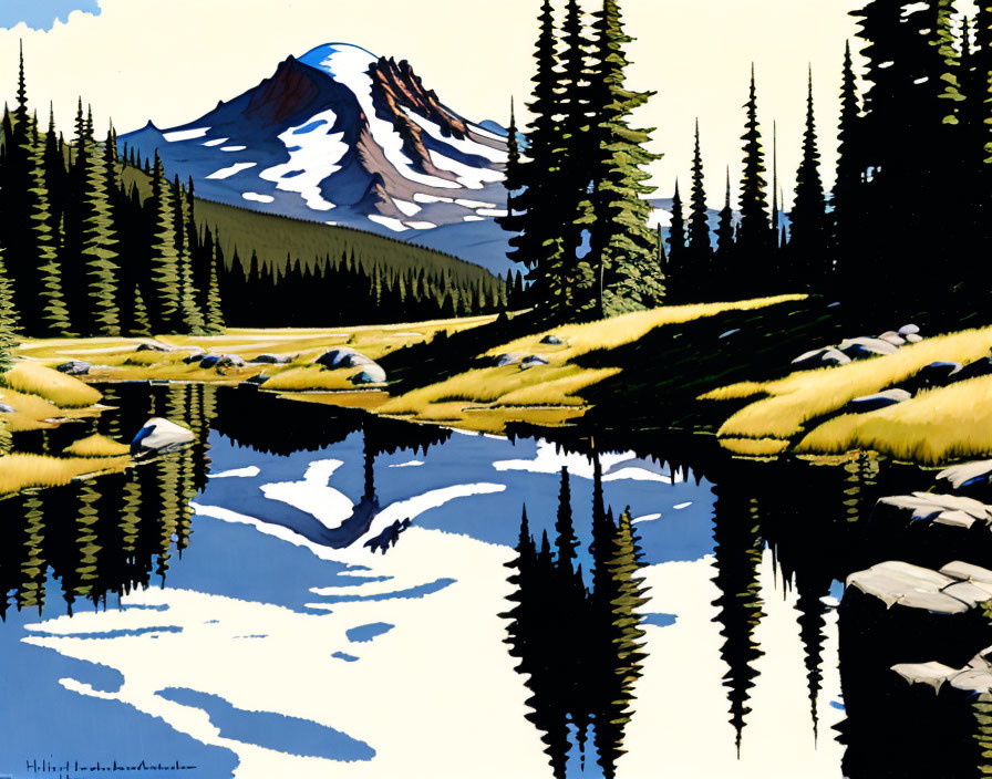 Tranquil mountain landscape with reflective lake and coniferous trees