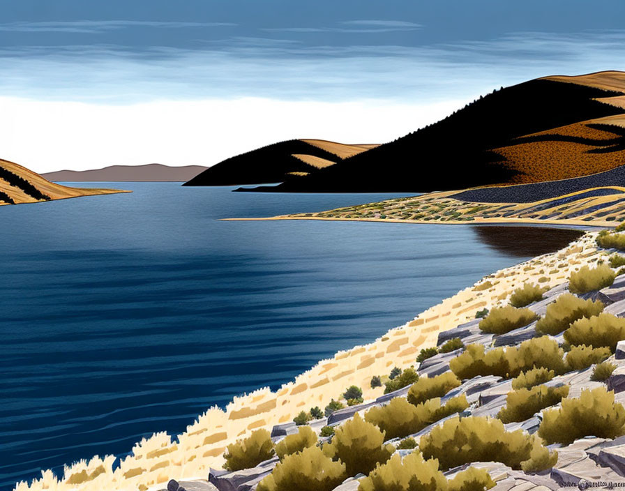 Tranquil digital art: Lake, hills, clear sky, blue & earth tones, green vegetation