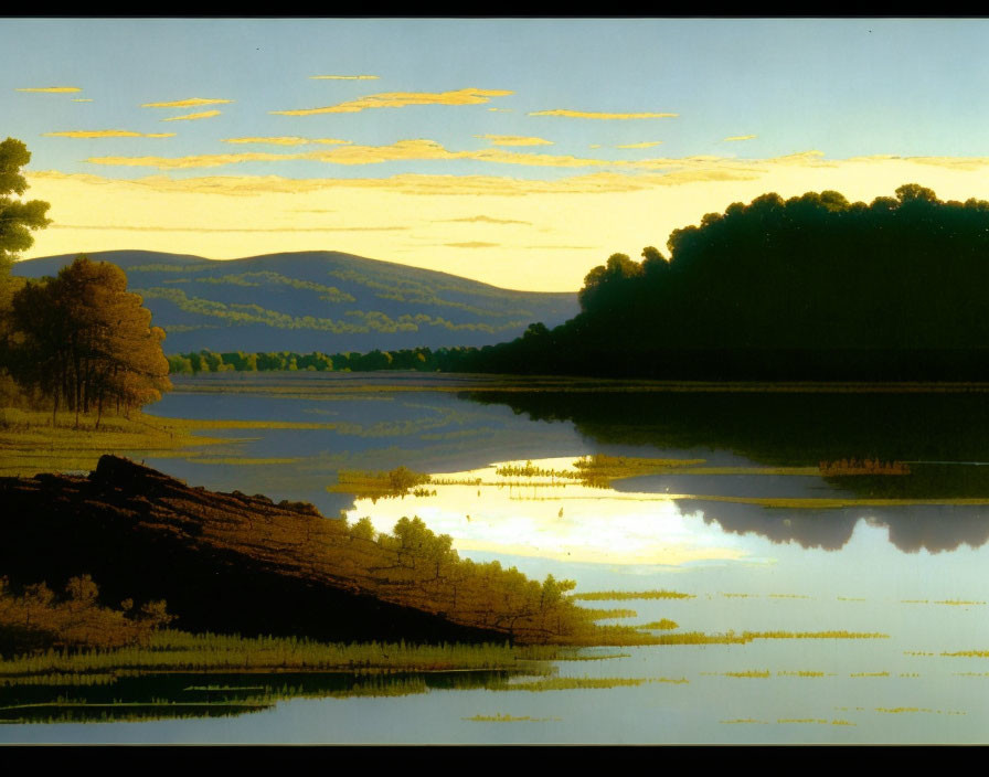 Tranquil twilight scene with silhouetted trees and hill by reflective lake