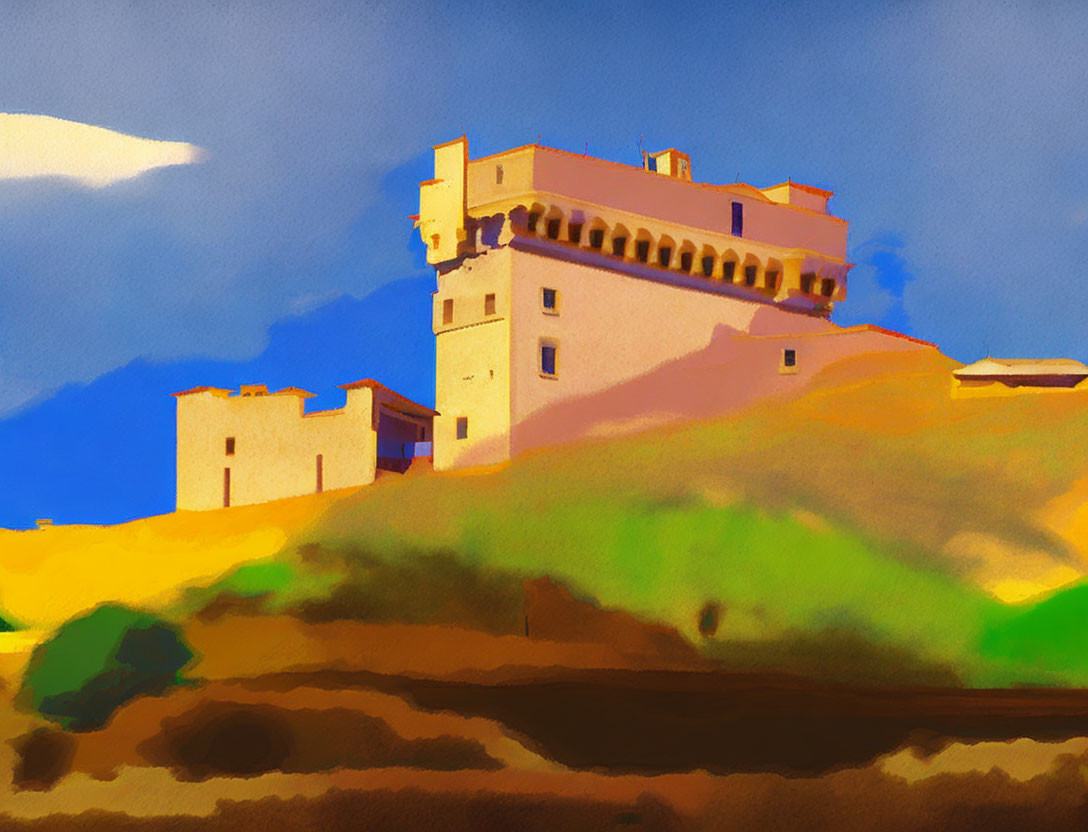 Colorful Hilltop Building Painting with Blue Sky