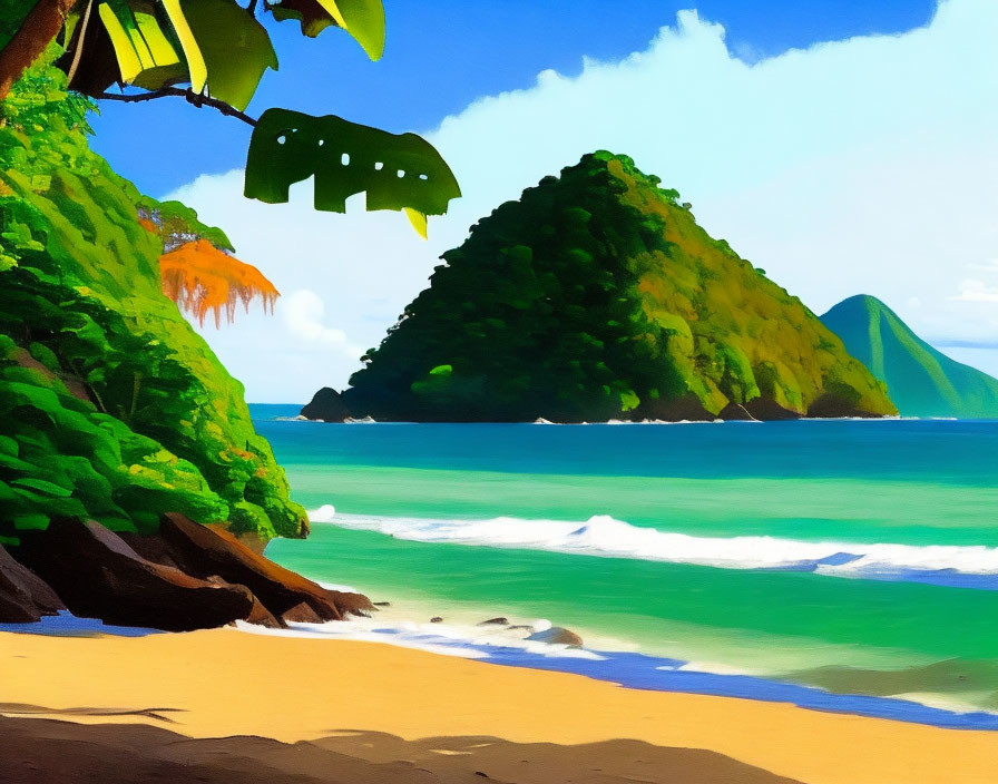 Scenic beach landscape with green foliage, sandy shore, clear water, and hill.