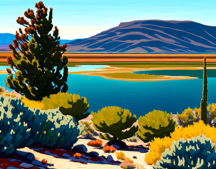 Colorful landscape painting: lake, blue water, vibrant vegetation, rolling hills, bright sky