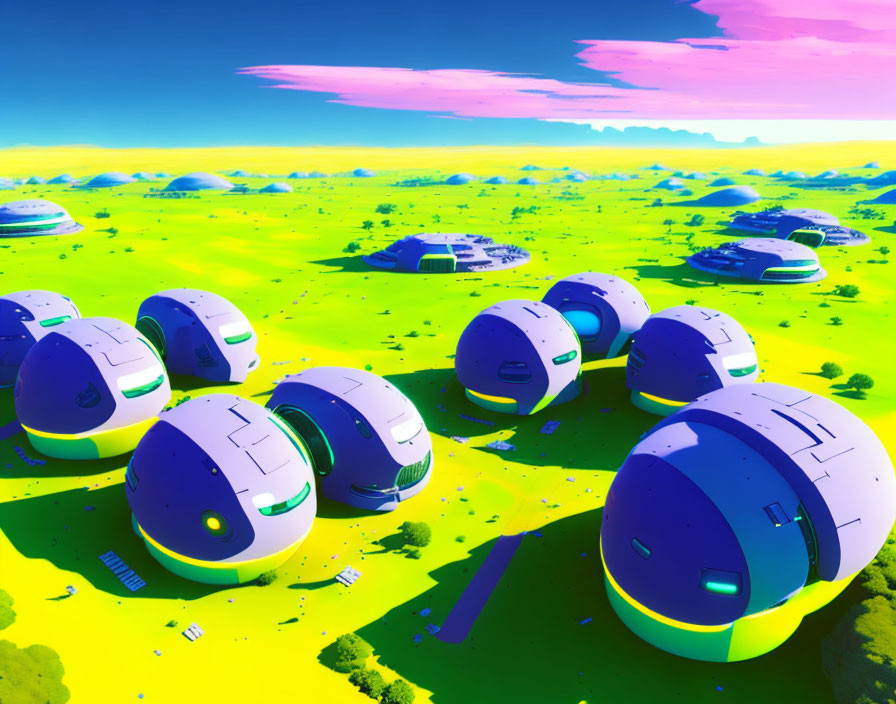 Spherical habitats on alien landscape with yellow sky and green fields