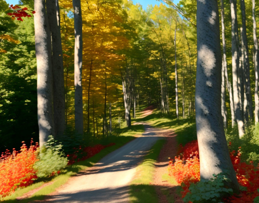 Tranquil autumn forest path with vibrant foliage