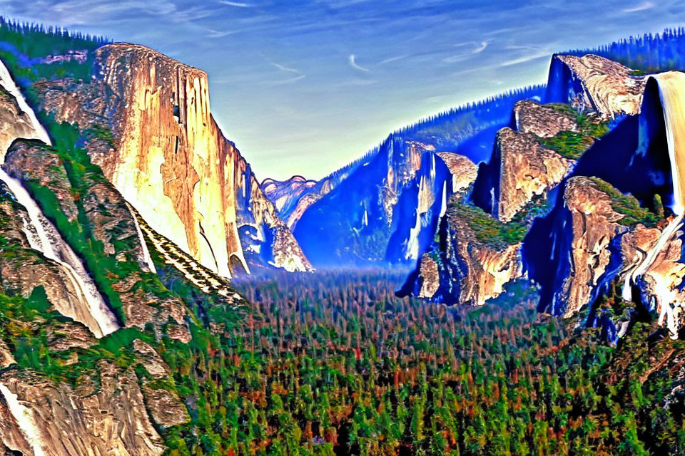 Scenic Yosemite Valley with El Capitan and Half Dome in a stylized image