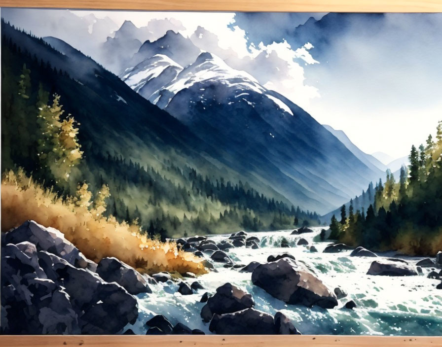 Vibrant watercolor painting of mountain landscape with river and sunlit peaks