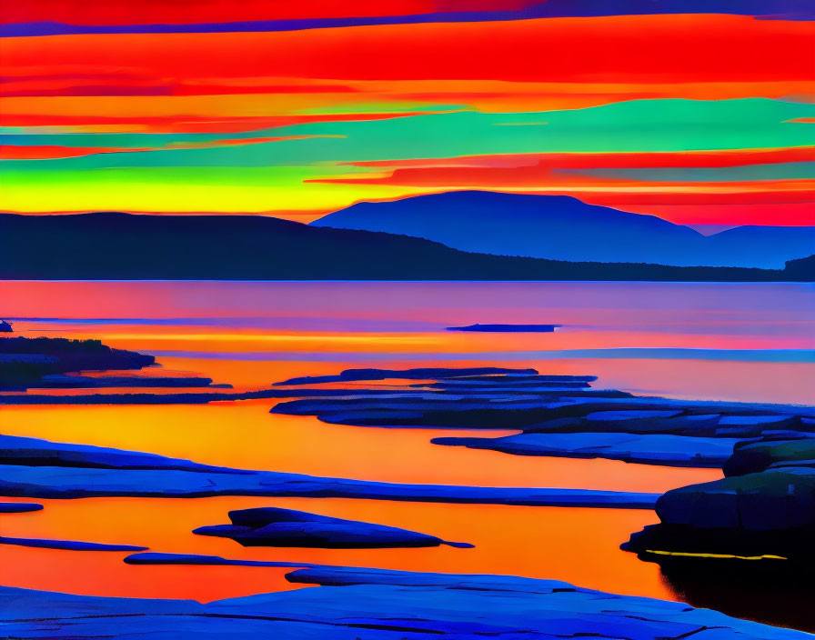 Abstract landscape: Vibrant red, orange, and blue hues, surreal sunset over serene lake and mountains