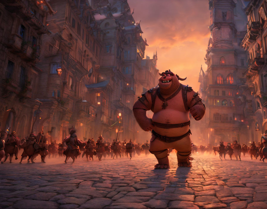 Animated ogre in cobbled street at sunset with crowd on horseback