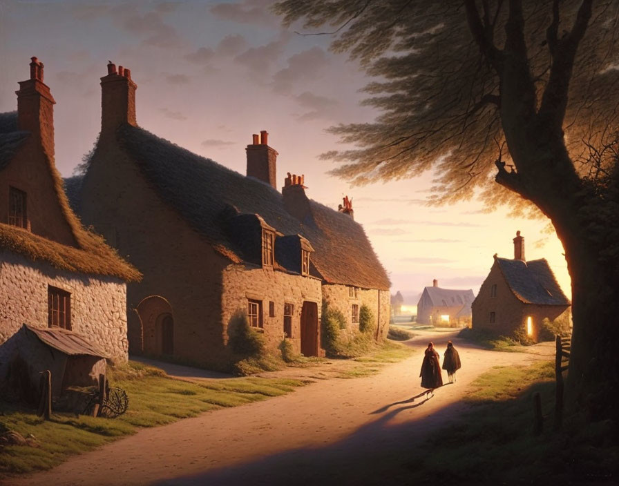 Tranquil village scene at dusk with thatched cottages and warm glow