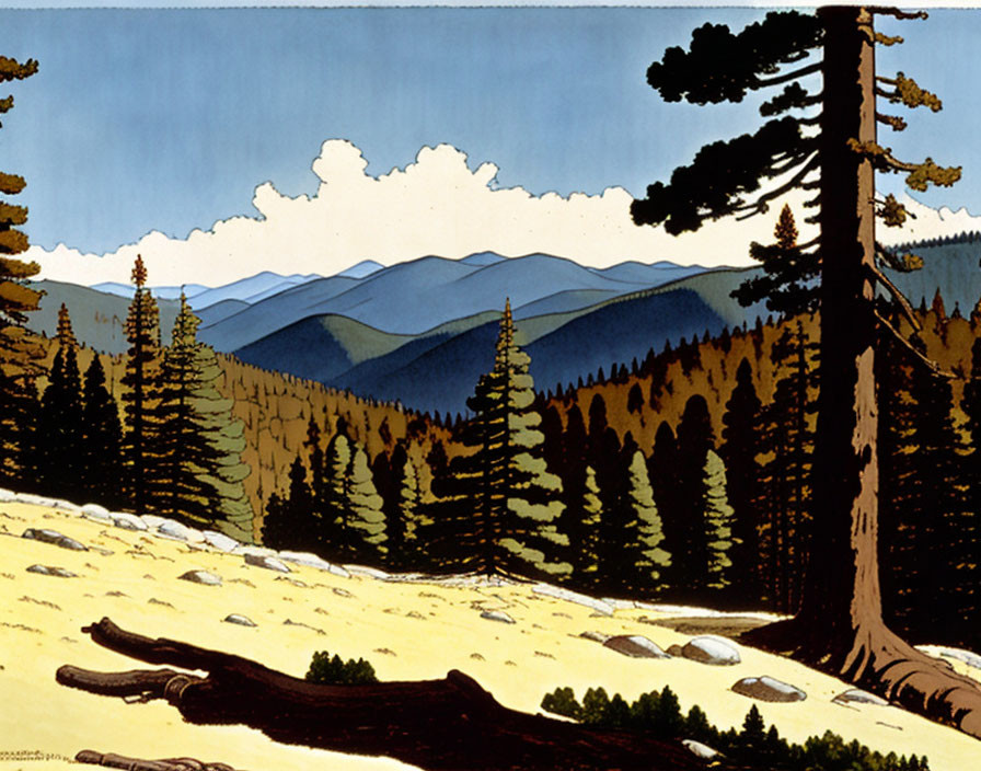 Tranquil mountain landscape with rolling hills and pine trees