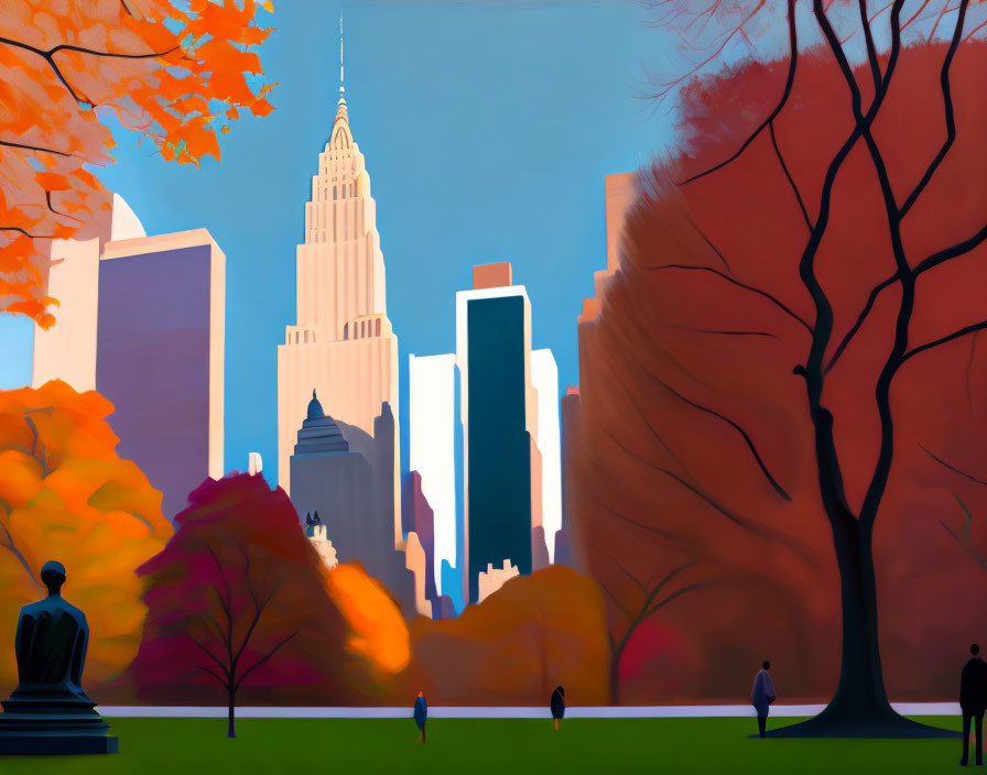 Cityscape with autumn trees, people silhouettes, and statue in foreground