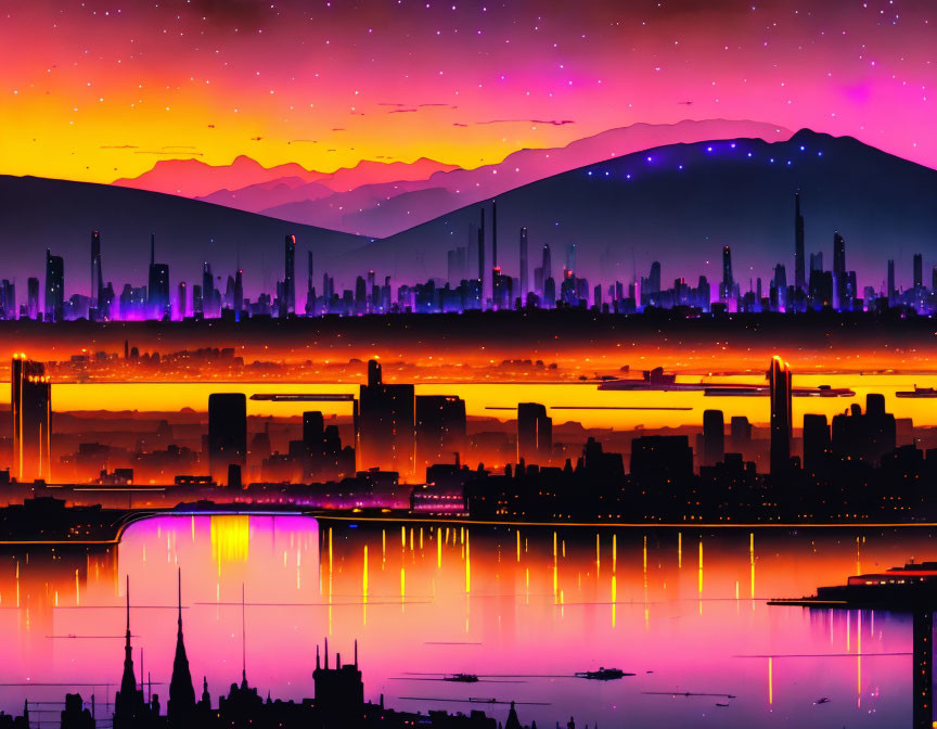 City skyline at sunset with purple, orange, and yellow hues reflecting on water