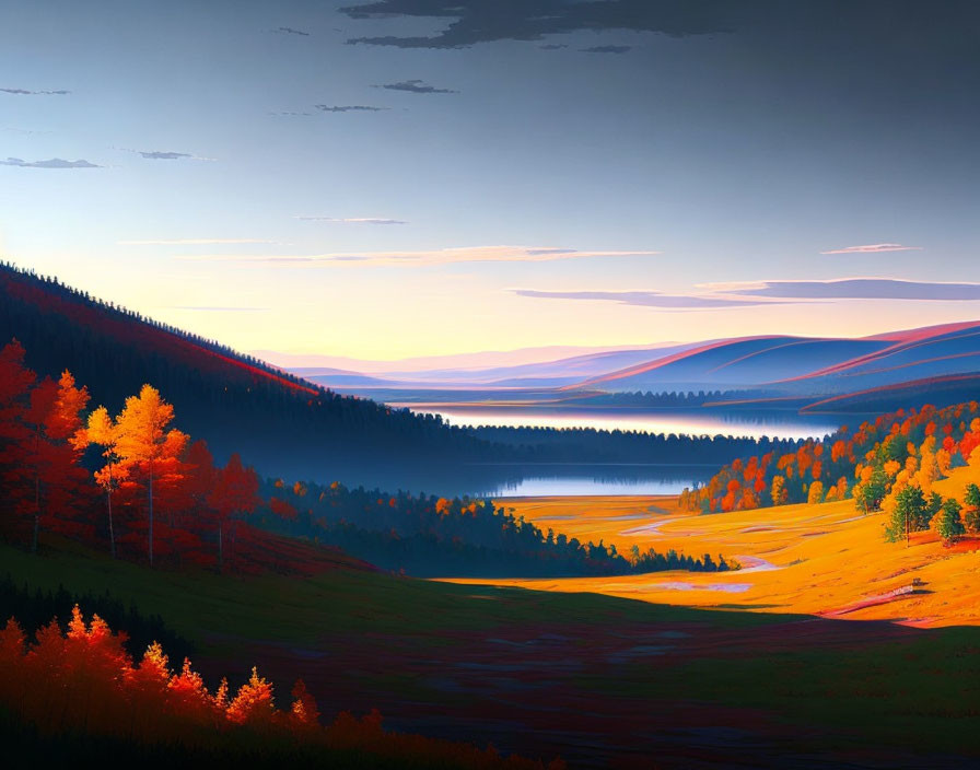 Scenic autumn landscape with orange and red foliage, blue river, hills, and sunset sky