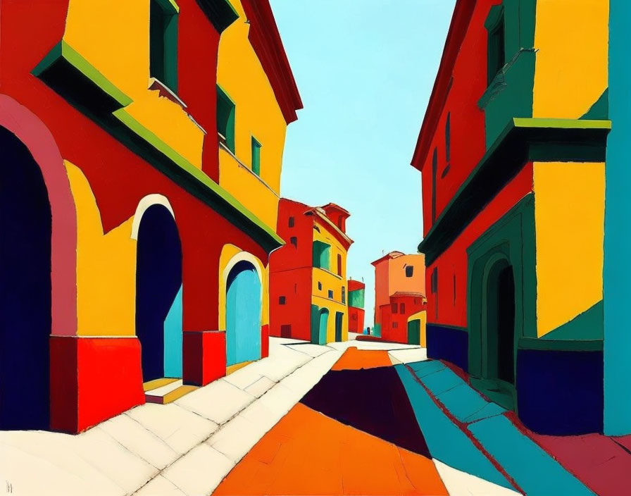 Colorful painting of a quaint street with red, yellow, and green buildings