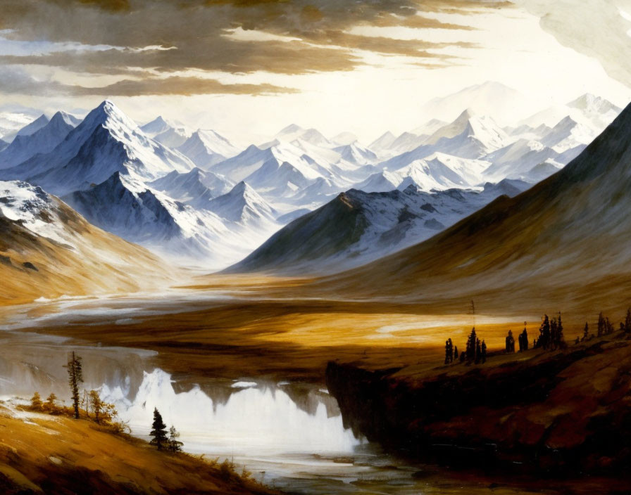 Sunlit Mountain Landscape with Reflective River and Trees