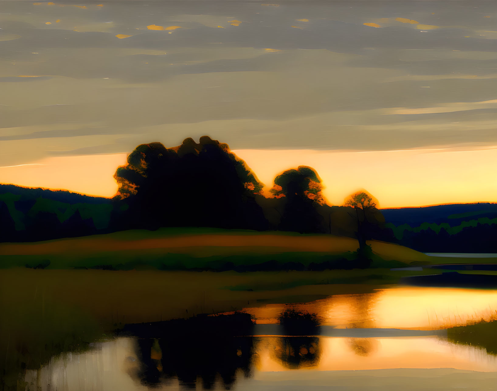 Sunset over water with tree silhouettes in orange and yellow sky