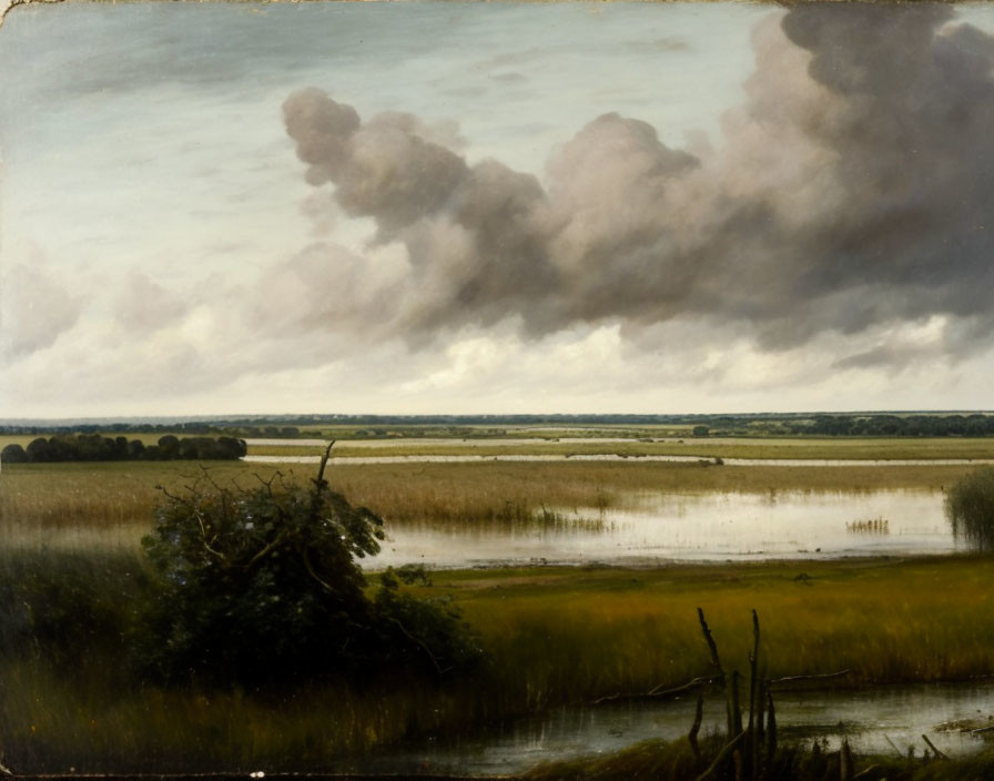 19th-Century Landscape Painting: Cloudy Sky Over Tranquil Marshland