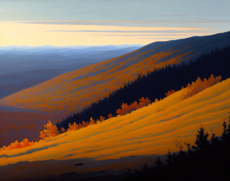 Mountain landscape painting: Sunset over hills with warm orange tones and blue sky