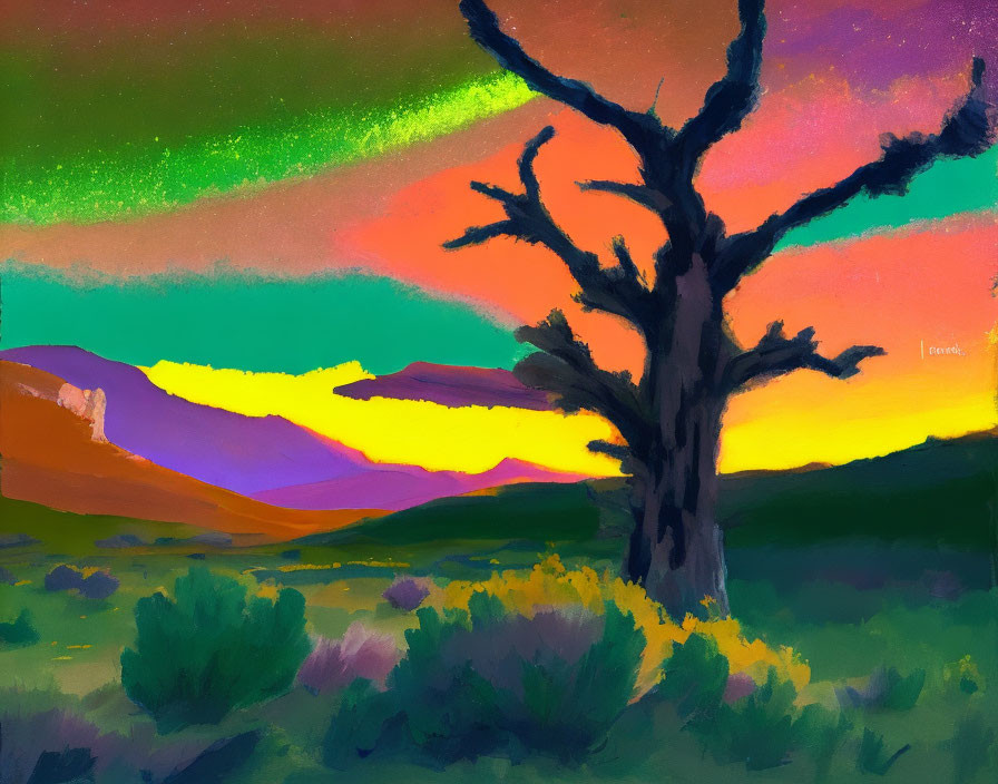 Colorful painting of barren tree in vibrant landscape