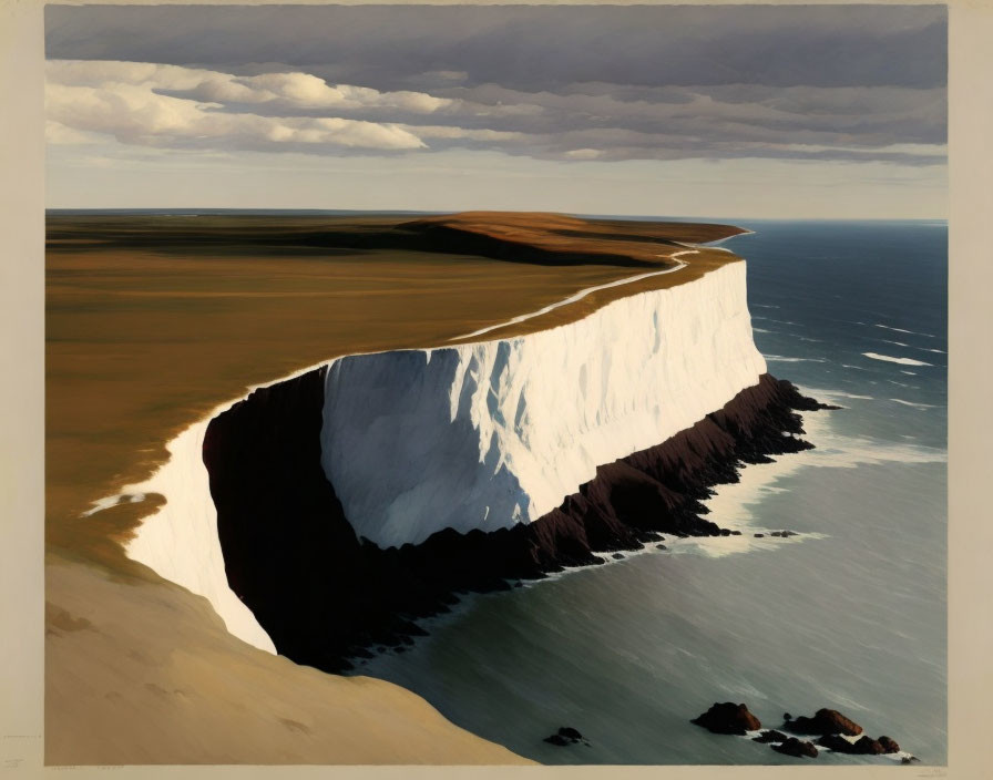 White Chalk Cliff Painting Overlooking Calm Sea