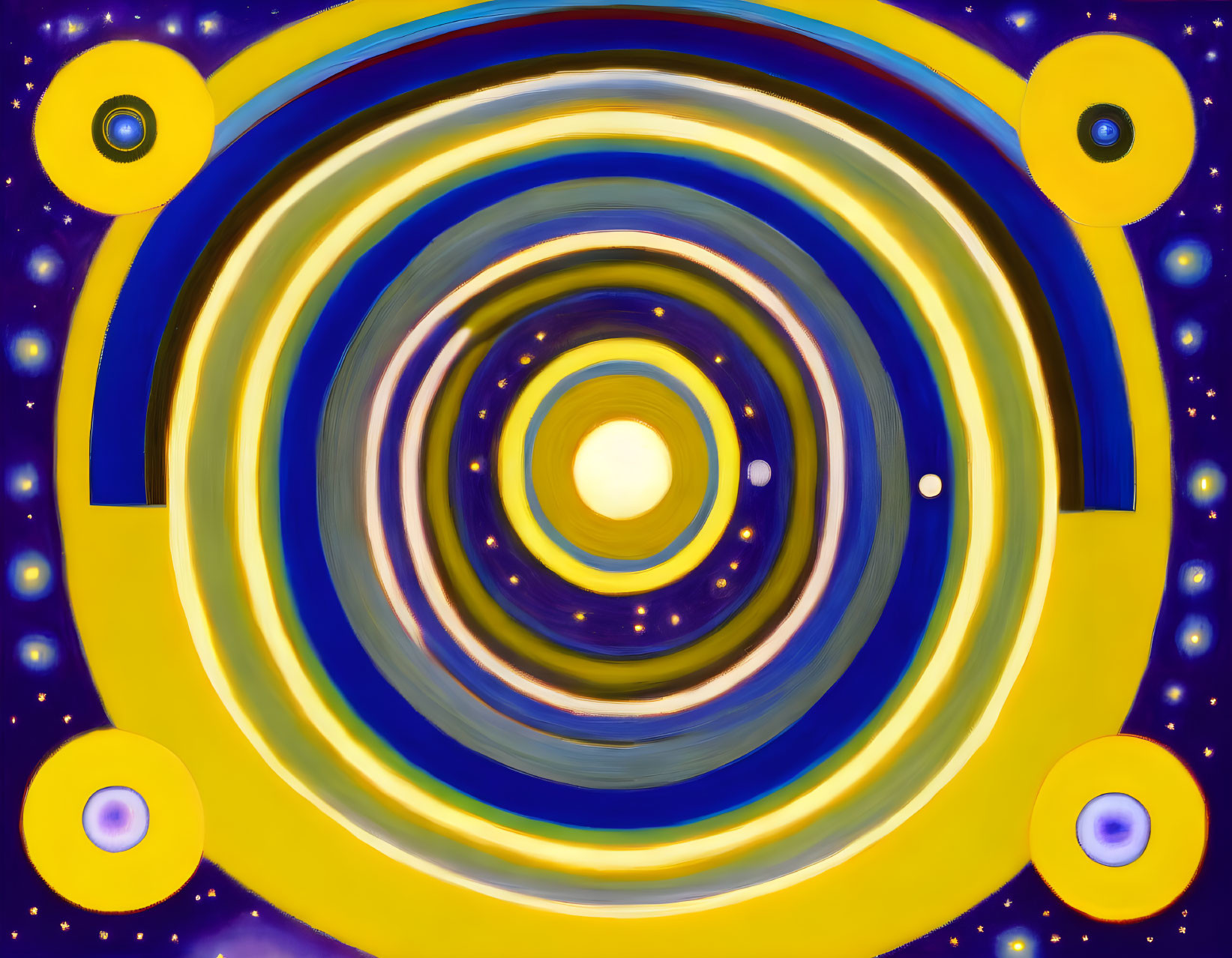 Vibrant concentric circles on blue background with yellow frame