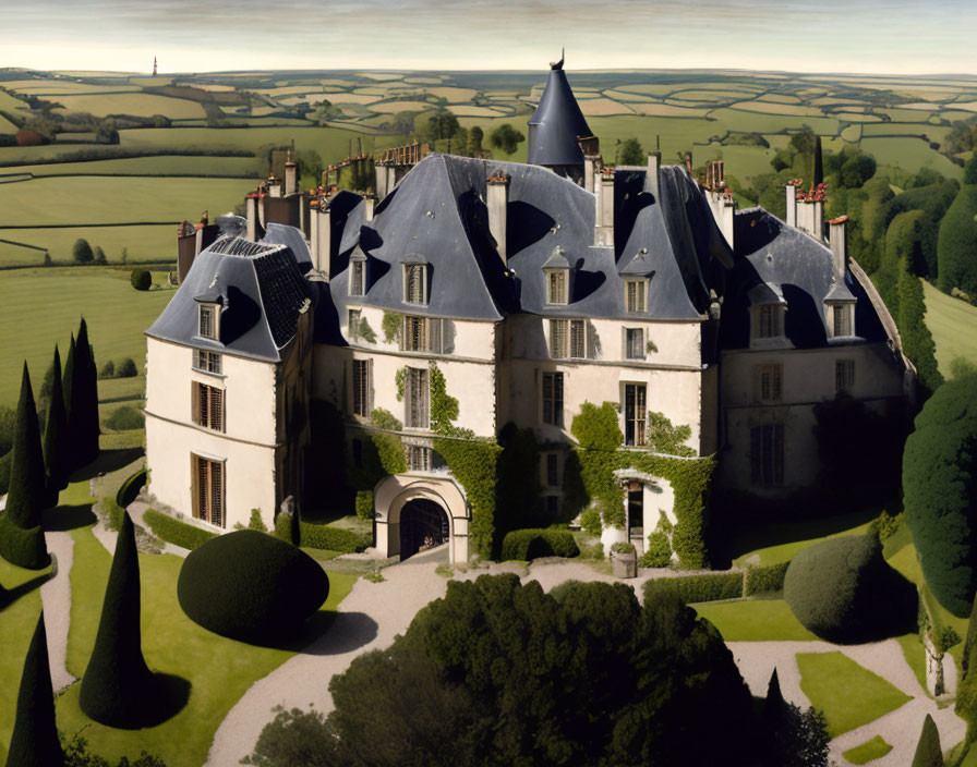 Grand Chateau with Blue Slate Roofs in Lush Countryside