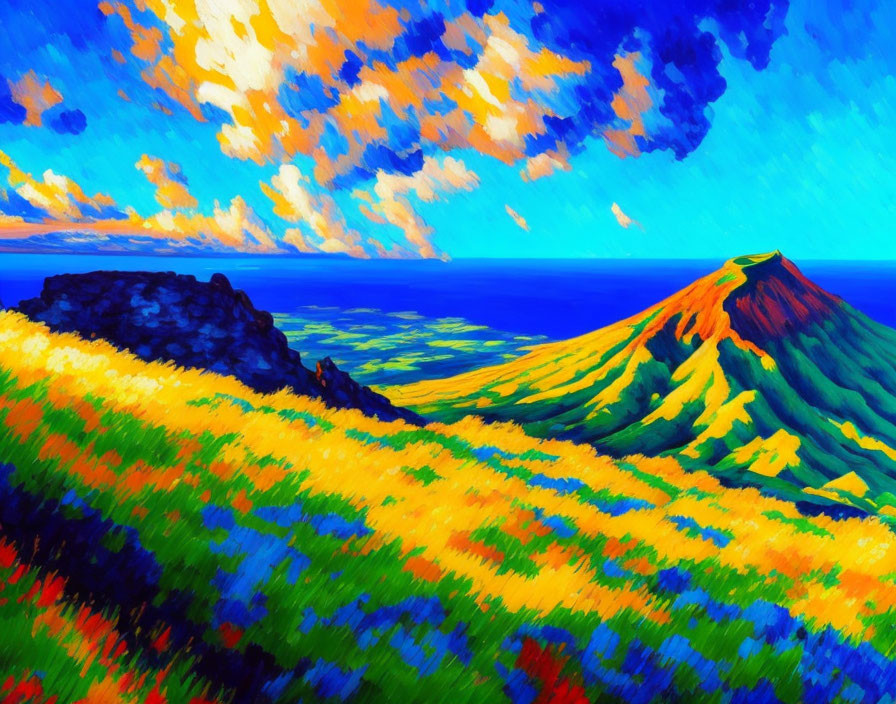 Colorful landscape painting: rolling hills, volcano, dynamic sky