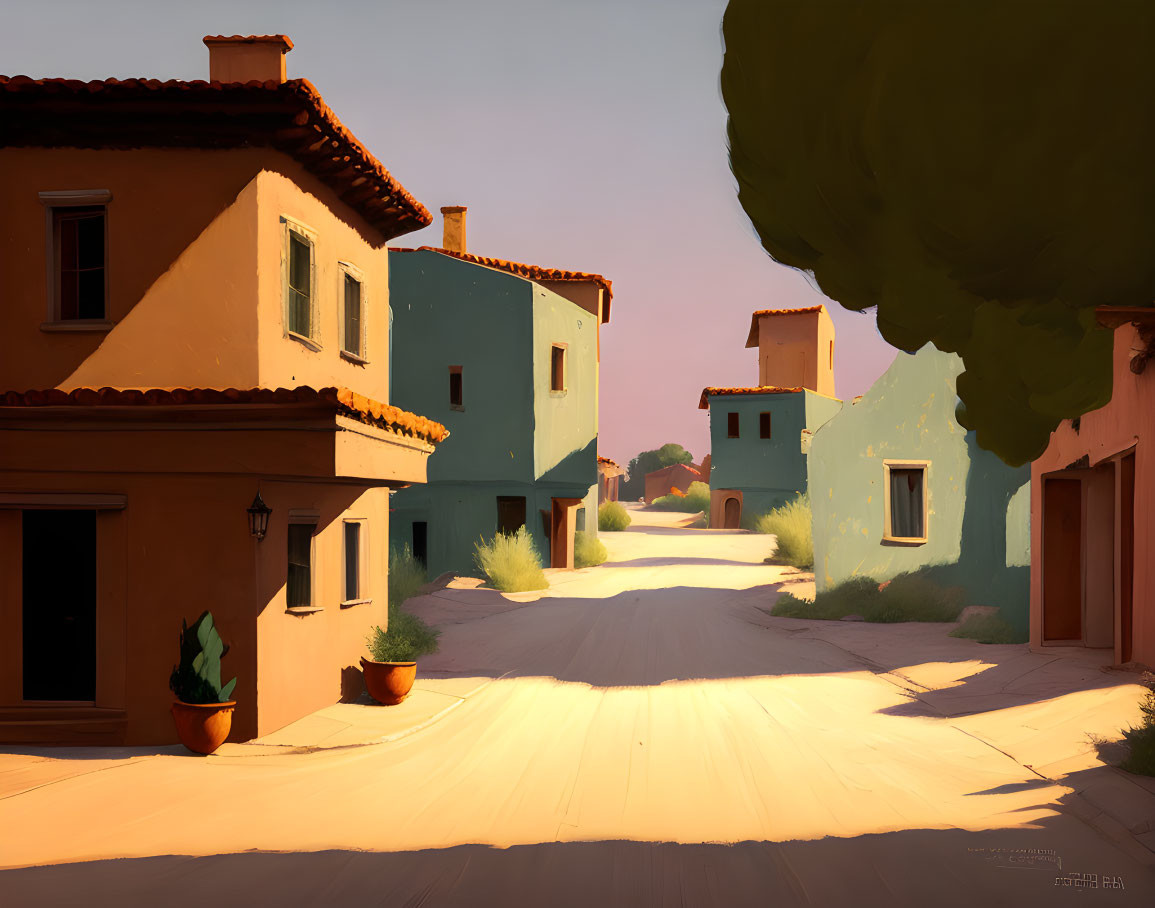 Sunlit Mediterranean Street with Potted Plants and Tree Shadows