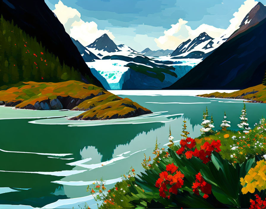 Colorful digital artwork: Mountain landscape, river, blooming flowers, distant glacier.