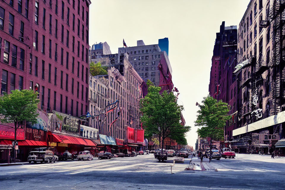 Urban street scene with trees, parked cars, pedestrians, and old buildings.